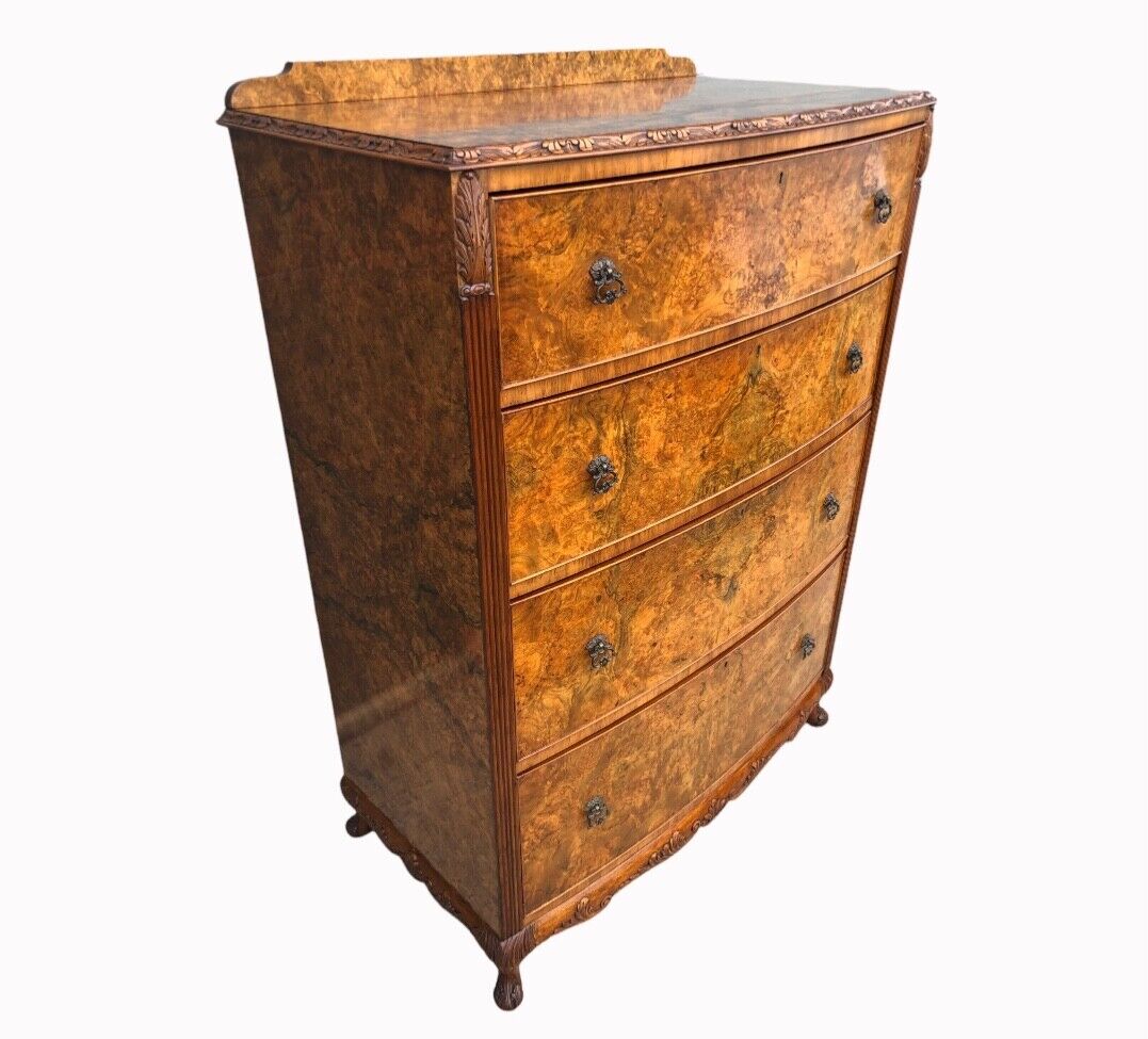 000948....Handsome Bow Fronted Figured Walnut Large Chest Of Drawers ( sold )