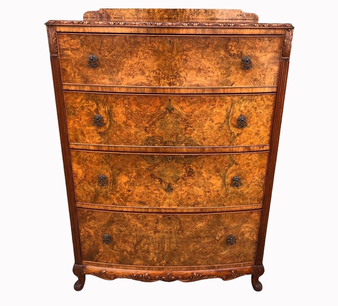 000948....Handsome Bow Fronted Figured Walnut Large Chest Of Drawers ( sold )