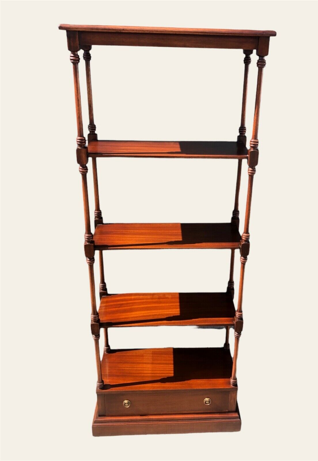 000975.....Vintage Reprodux Mahogany Shelving Unit With Drawer ( sold )