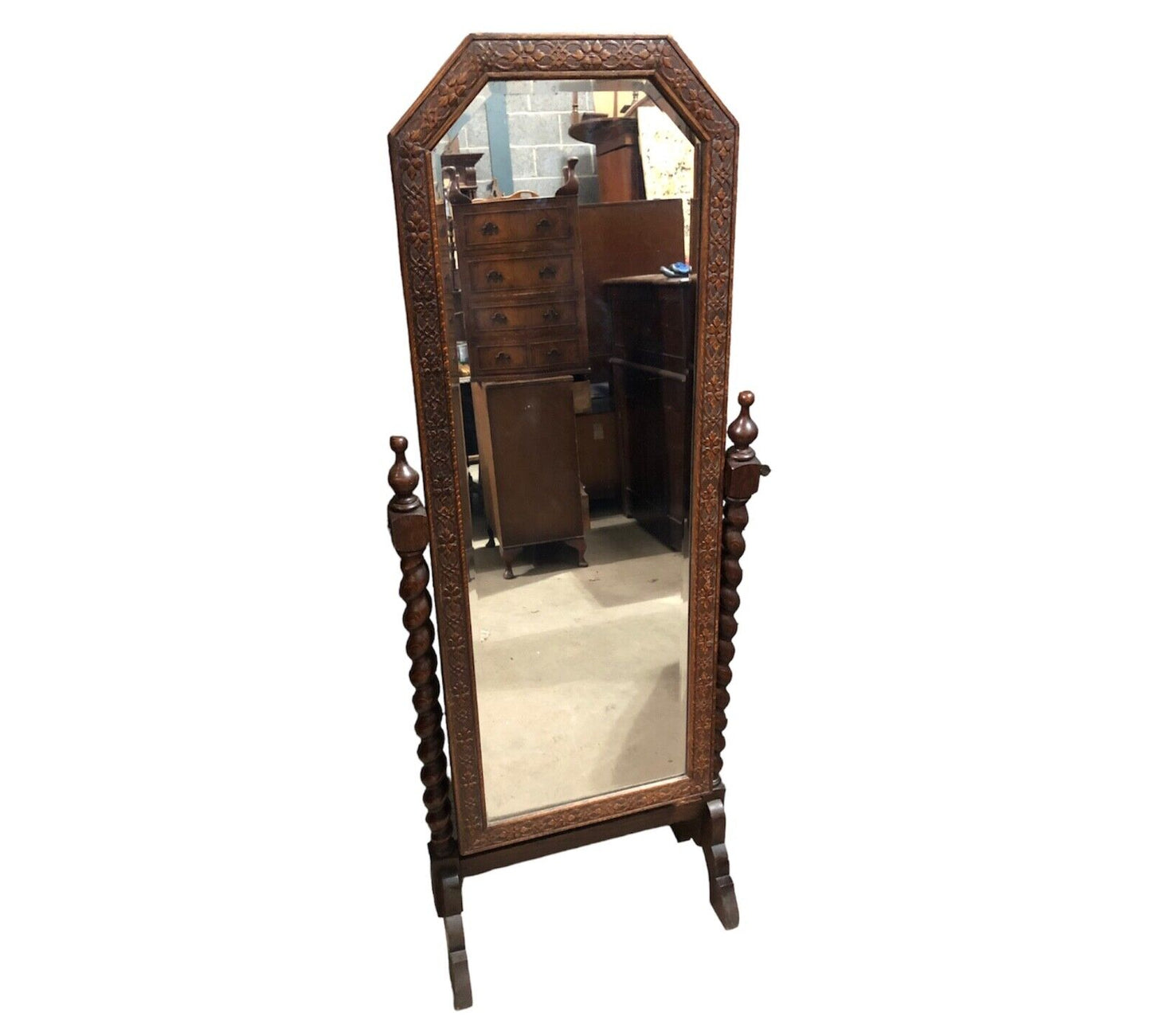 000889...Handsome Vintage Carved Oak Cheval Mirror. ( sold )