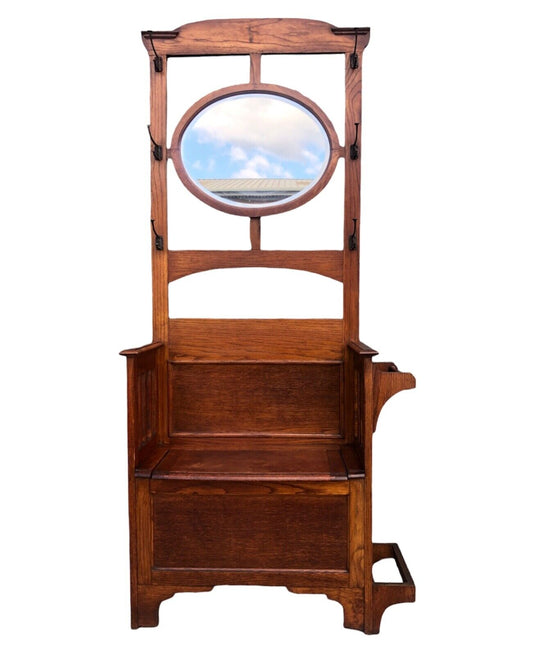 000939....Arts And Crafts Vintage Oak Hall Stand With Lift Up Seat