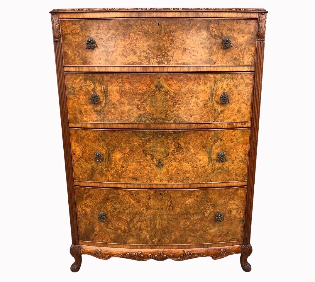 000948....Handsome Bow Fronted Figured Walnut Large Chest Of Drawers ( sold )