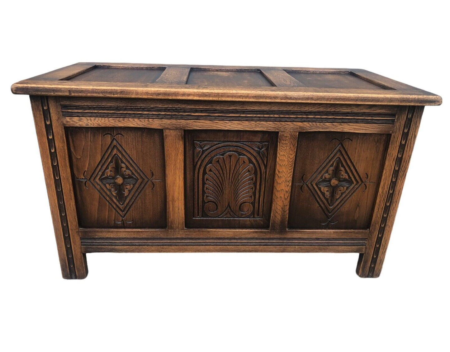 000918....Handsome Vintage Carved Oak Coffer / Blanket Box / Chest ( sold )