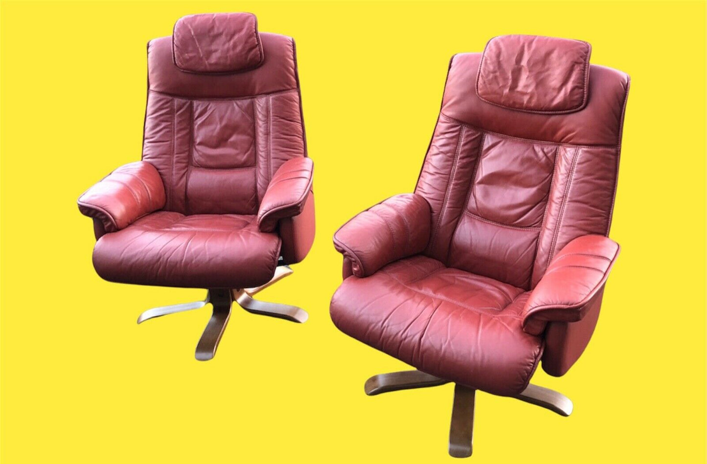 Stunning Pair Of Red Leather Reclining Armchairs With Matching Stools ( SOLD )