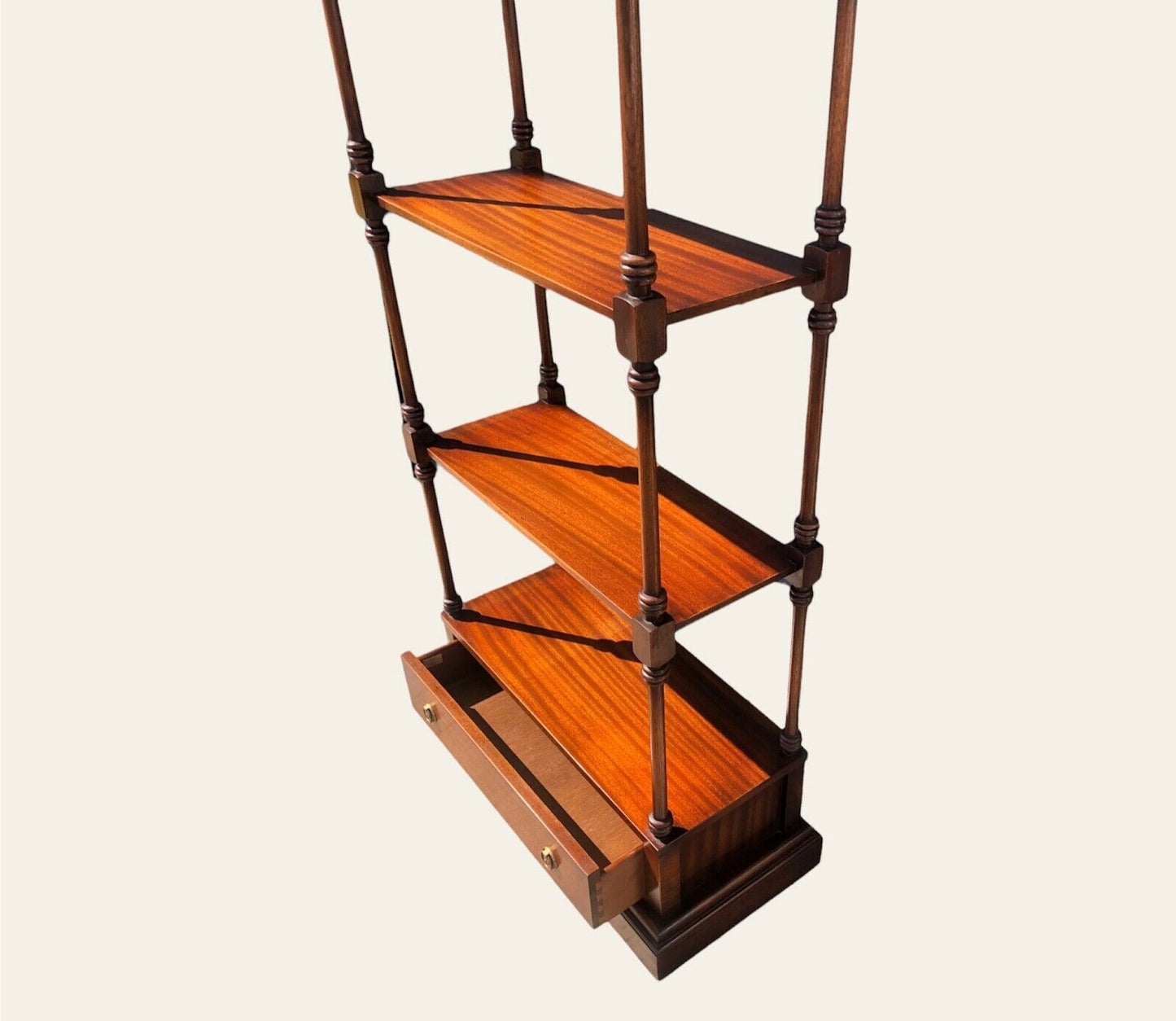 000975.....Vintage Reprodux Mahogany Shelving Unit With Drawer ( sold )