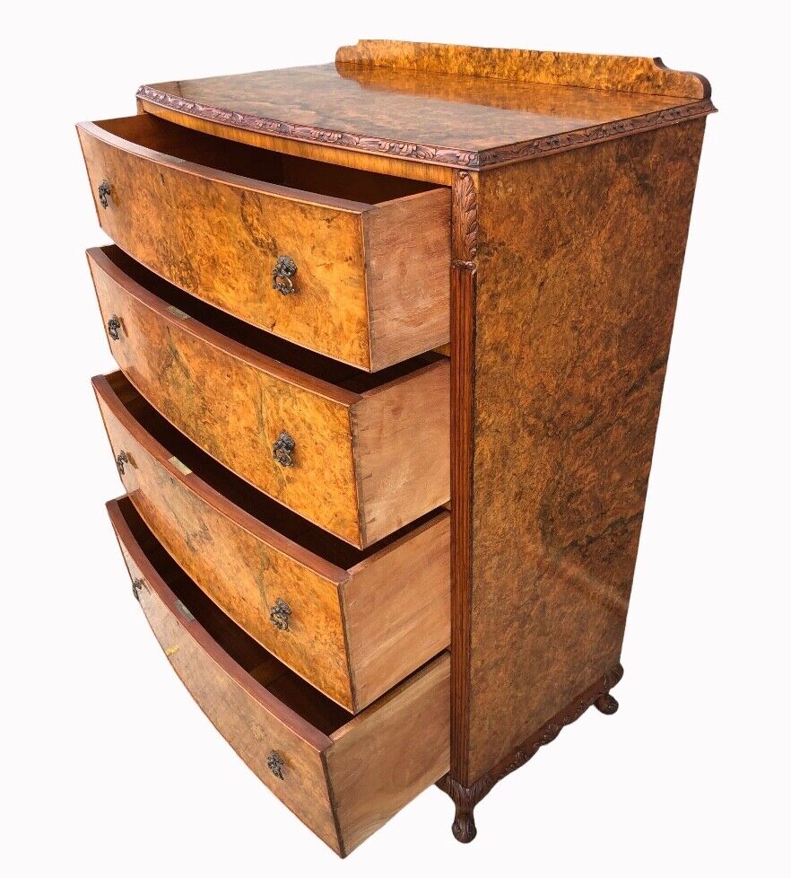 000948....Handsome Bow Fronted Figured Walnut Large Chest Of Drawers ( sold )