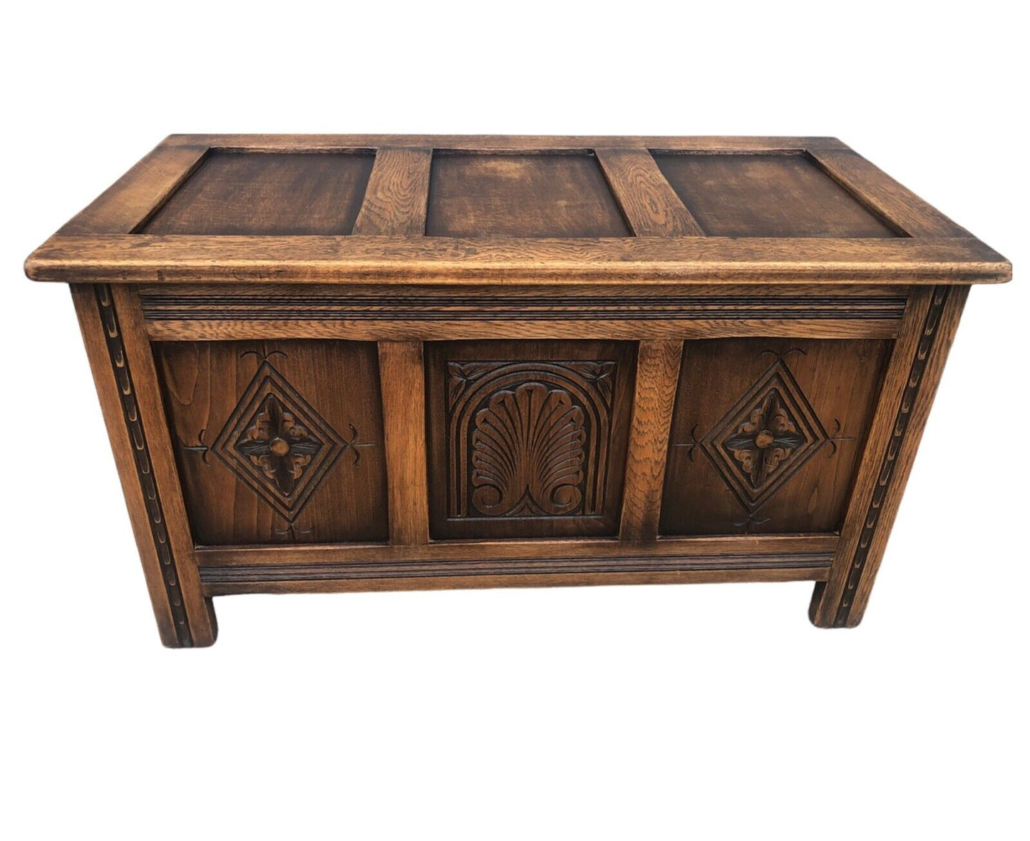 000918....Handsome Vintage Carved Oak Coffer / Blanket Box / Chest ( sold )