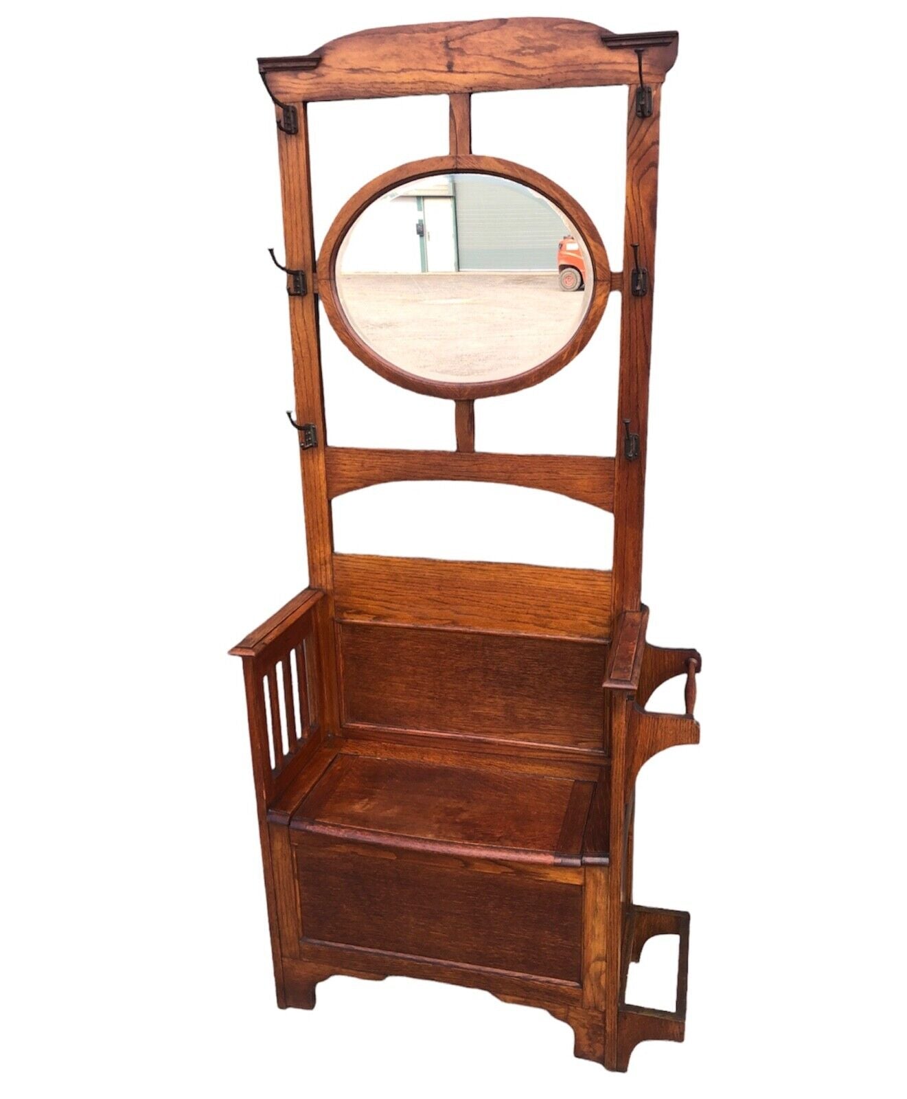 000939....Arts And Crafts Vintage Oak Hall Stand With Lift Up Seat