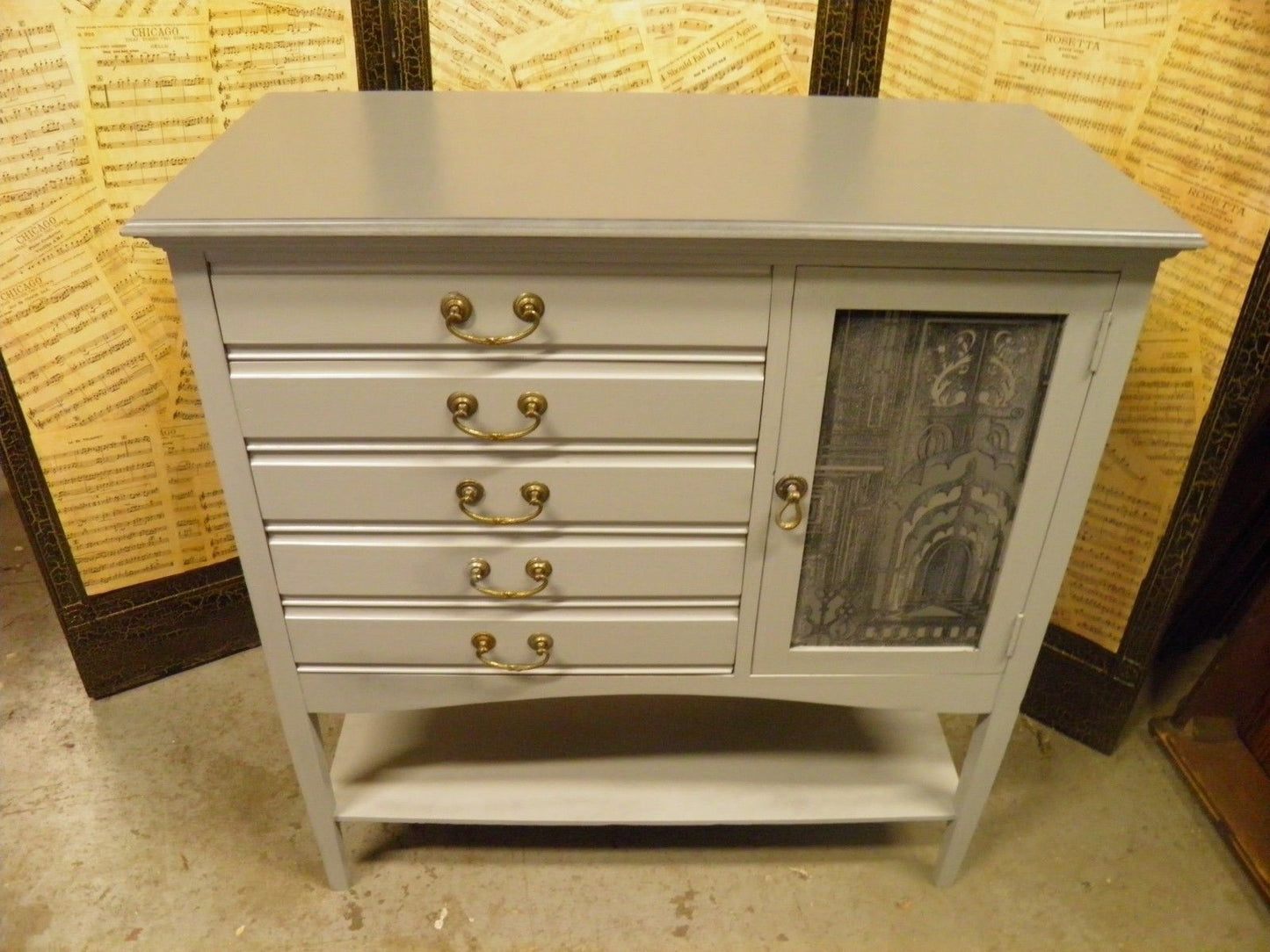 Decorative Elegant Vintage Grey Painted & Decoupage Music Cabinet