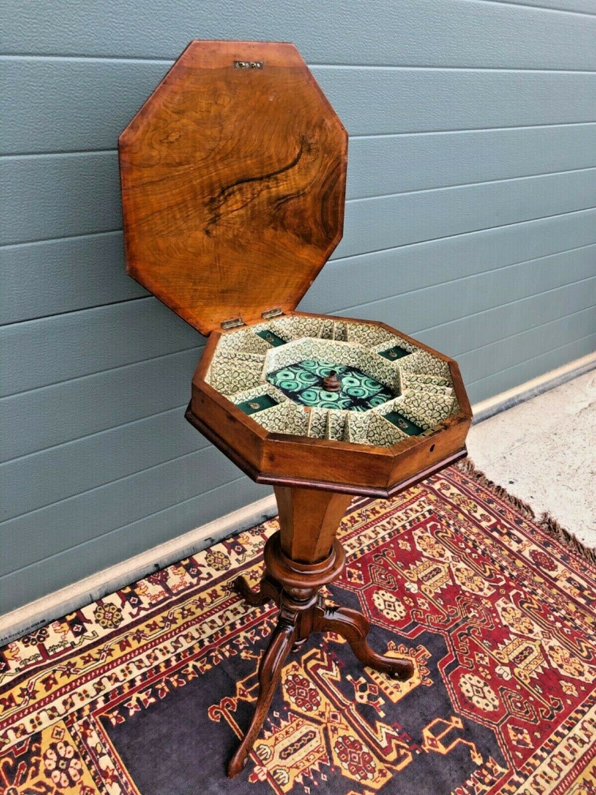 Victorian Inlaid Trumpet Sewing Table / Antique Hexagonal Sewing Box ( SOLD )