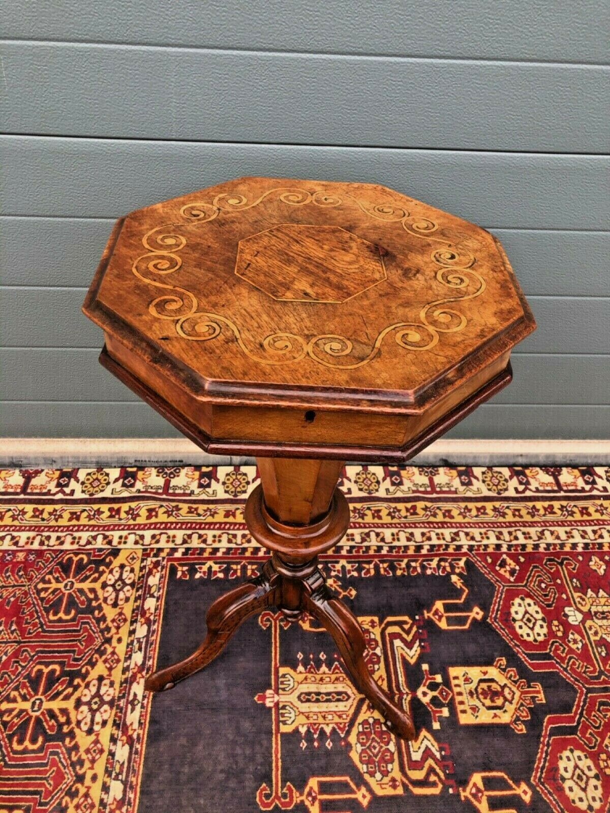 Victorian Inlaid Trumpet Sewing Table / Antique Hexagonal Sewing Box ( SOLD )