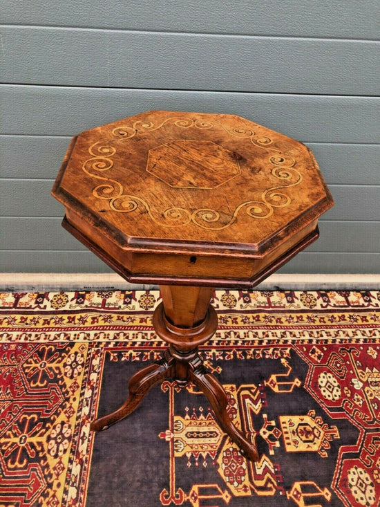 Victorian Inlaid Trumpet Sewing Table / Antique Hexagonal Sewing Box
